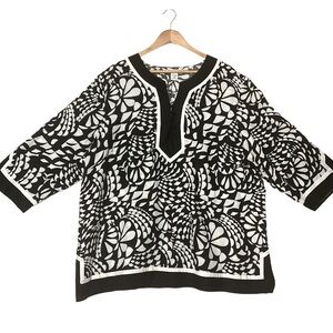 SHANGHAI RED Women's sz 3X Blouse 100% Linen Pullover Abstract Geo Black White